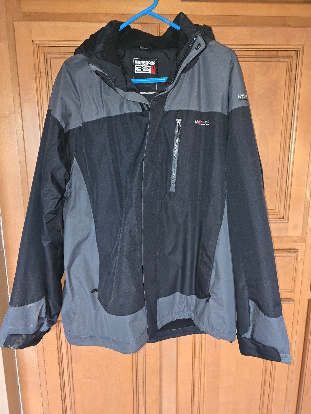 Weatherproof Men’s Black & Gray Hooded Rain Jacket